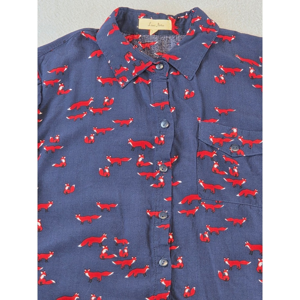 Red Fox Print Button Up Shirt Womens M Tie Front Roll Sleeve Novelty Woodland - Picture 2 of 9